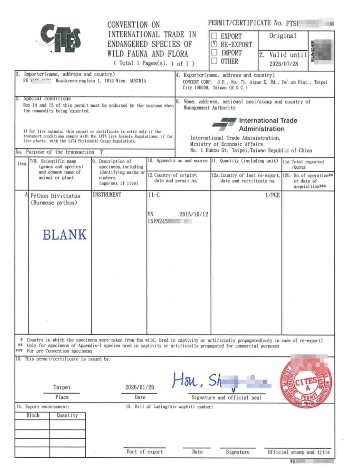 CITES Re-export Permit