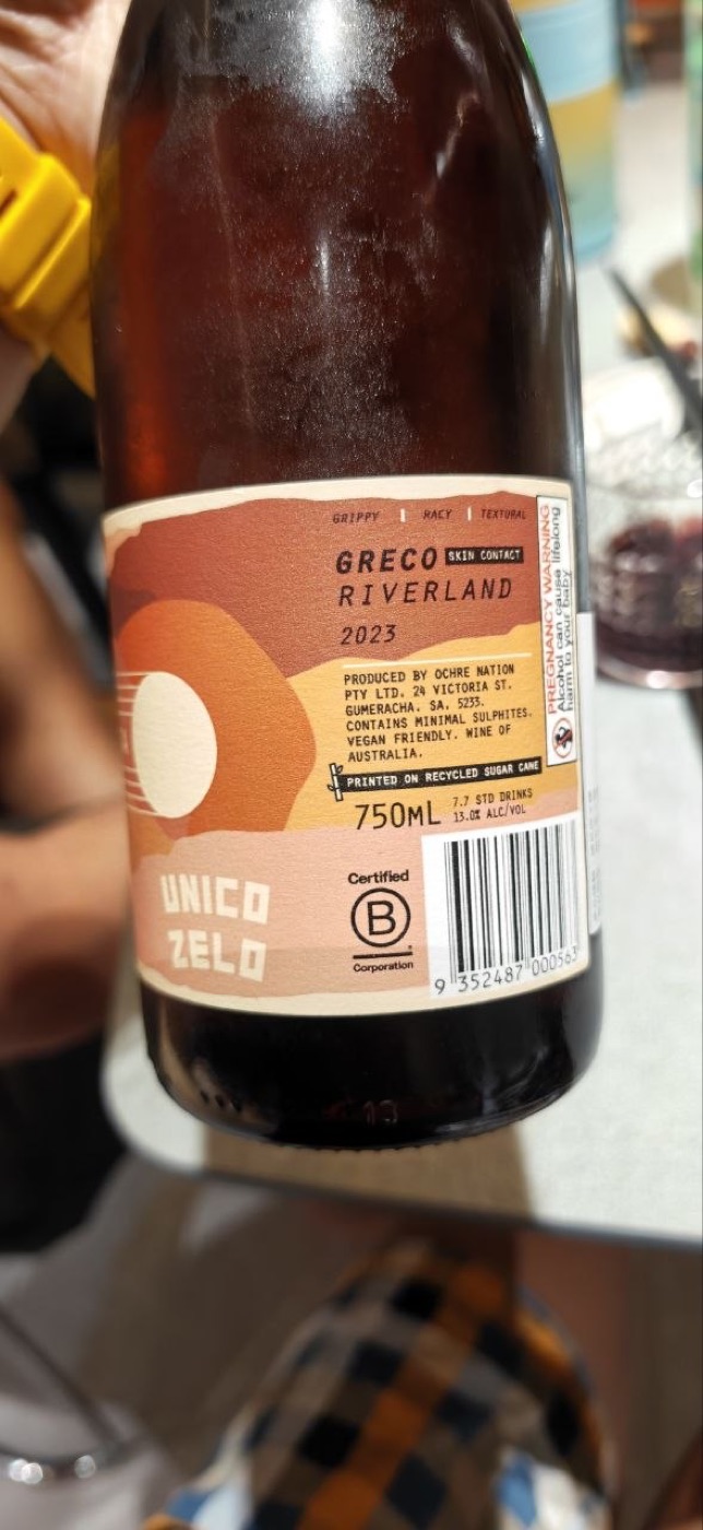 Unico Zelo Greco Skin Contact Riverland 2023 背標 — Ochre Nation Pty Ltd 釀製、B-Corp 認證
