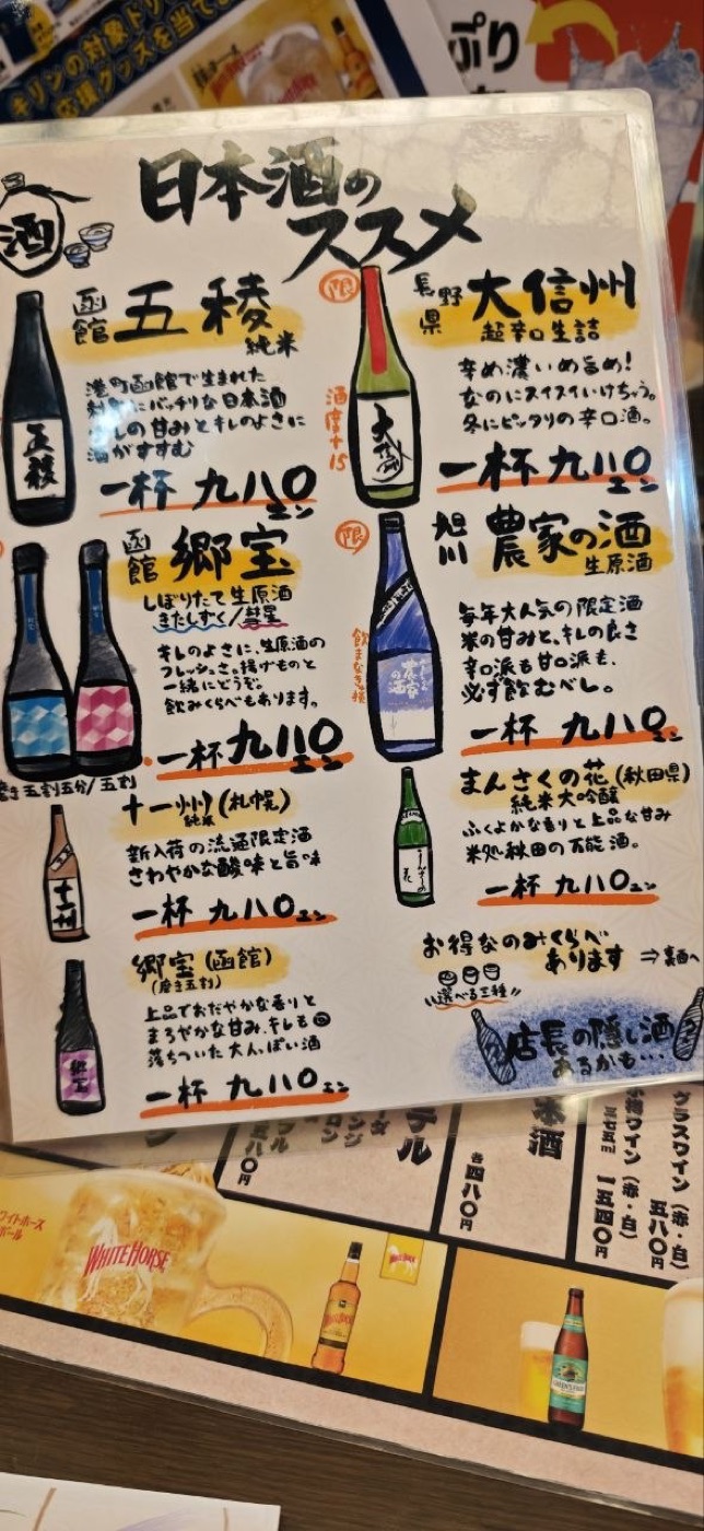 居酒屋手繪 SAKE 海報 — 函館五稜・長野大信州・郷宝・農家の酒・まんさくの花